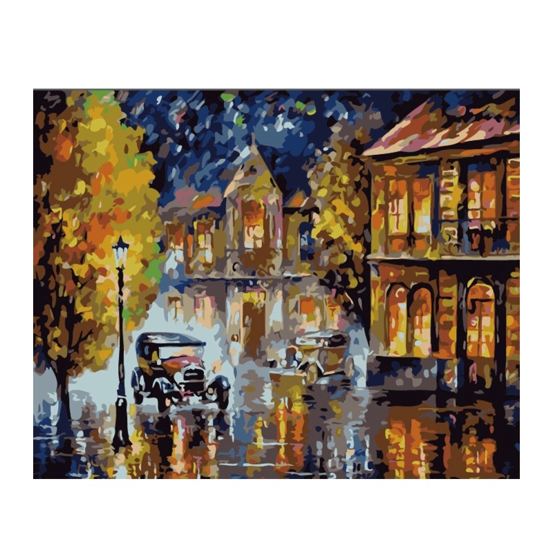 Set pictura pe numere, peisaj oras noaptea pe ploaie, panza pe rama lemn 40x50 cm