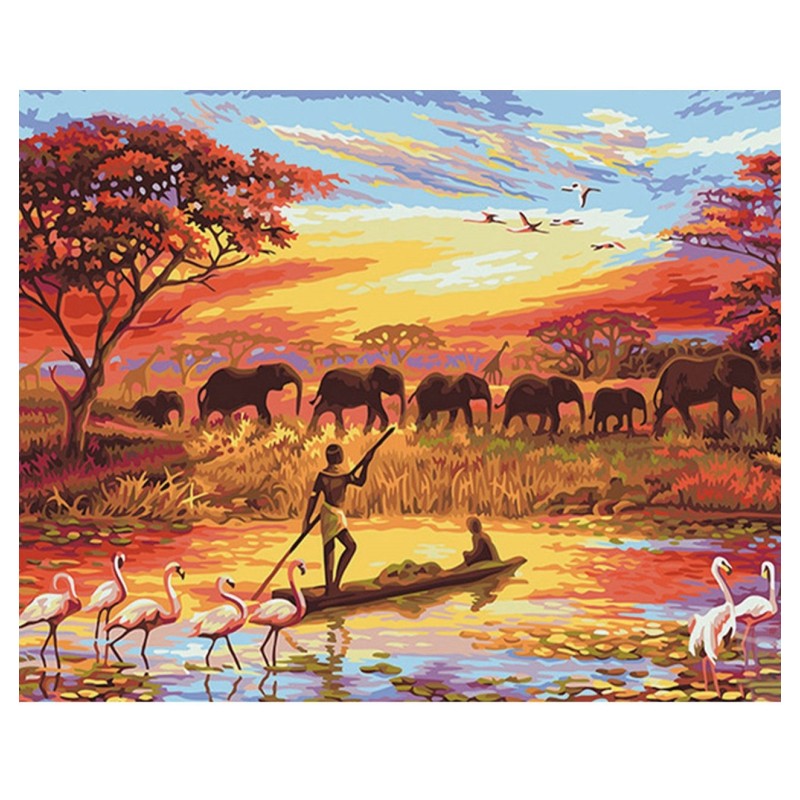Set pictura pe numere, peisaj savana lac si elefanti, panza pe rama lemn 40x50 cm