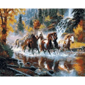 pictură pe numere – galop în libertate: cascada de argint – pânză pe Șasiu lemn 40x50 cm