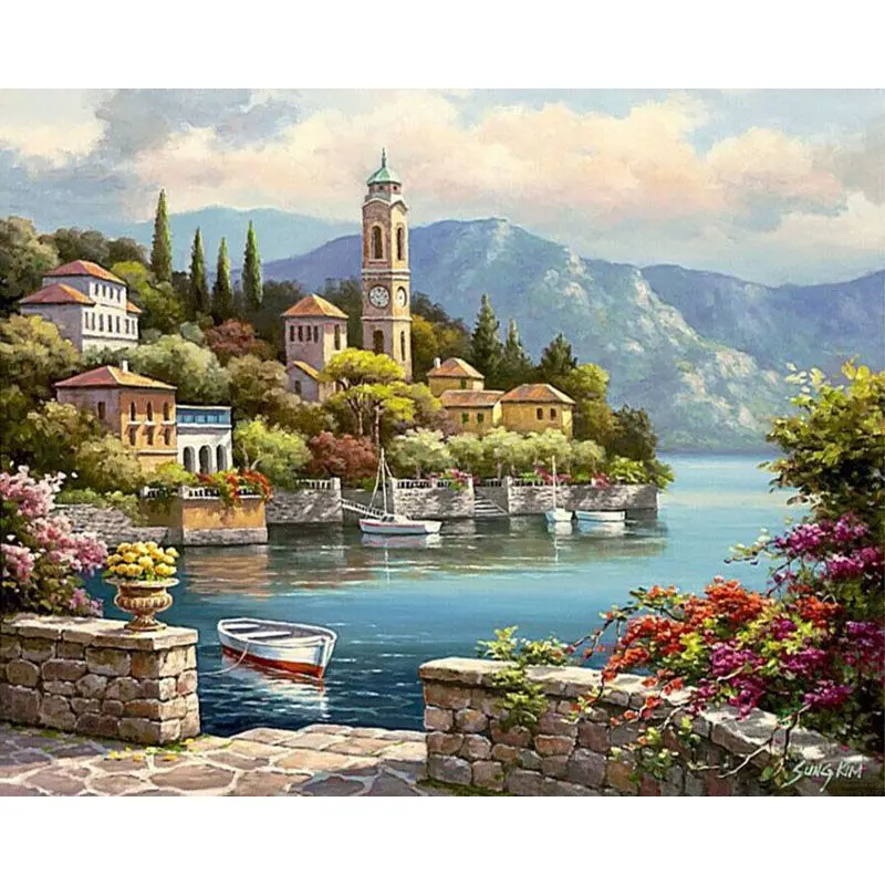 pictură pe numere – amurg în varenna (lacul como)– pânză pe Șasiu lemn 40x50 cm pictură pe numere – amurg în varenna (lacul como)– pânză pe Șasiu lemn 40x50 cm