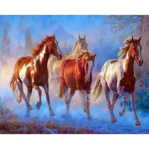 pictură pe numere – cai galop în libertate: ecoul amurgului – pânză pe Șasiu lemn 40x50 cm