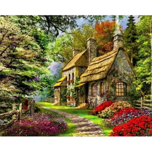 pictură pe numere – căsuța de piatră din grădina fermecată – pânză pe Șasiu lemn 40x50 cm