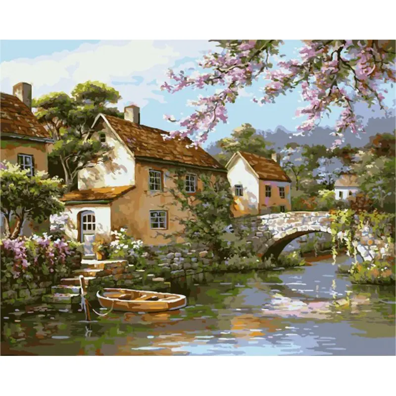 pictură pe numere – căsuța de lângă podul cu flori – pânză pe Șasiu lemn 40x50 cm pictură pe numere – căsuța de lângă podul cu flori – pânză pe Șasiu lemn 40x50 cm