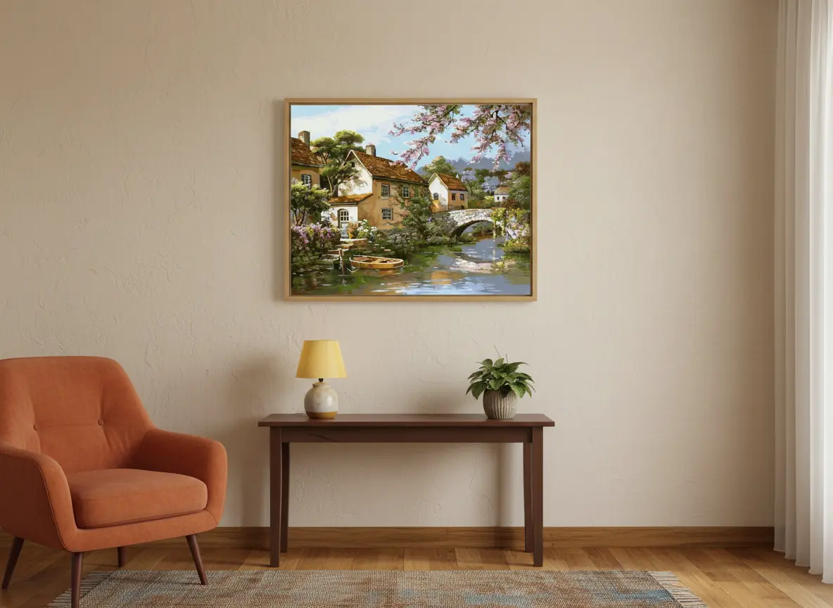 pictură pe numere – căsuța de lângă podul cu flori – pânză pe Șasiu lemn 40x50 cm pictură pe numere – căsuța de lângă podul cu flori – pânză pe Șasiu lemn 40x50 cm