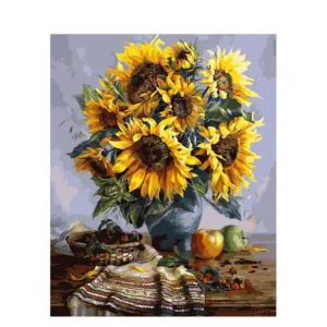 Pictură pe Numere – Floarea-Soarelui în Vas Albastru – Pânză pe Șasiu Lemn 40x50 cm (3)