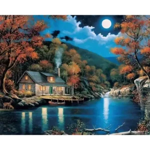 pictură pe numere – refugiul sub luna plină – pânză pe Șasiu lemn 40x50 cm
