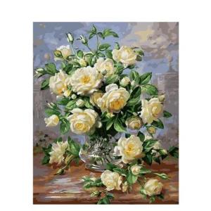 pictură pe numere – simfonia trandafirilor albi în vază – pânză pe Șasiu lemn 40x50 cm