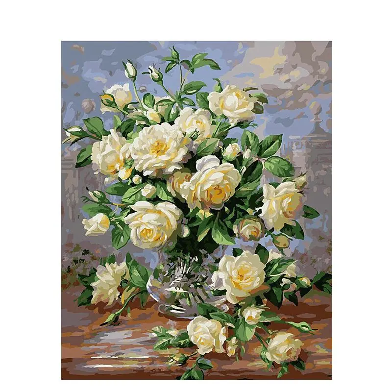 pictură pe numere – simfonia trandafirilor albi în vază – pânză pe Șasiu lemn 40x50 cm pictură pe numere – simfonia trandafirilor albi în vază – pânză pe Șasiu lemn 40x50 cm