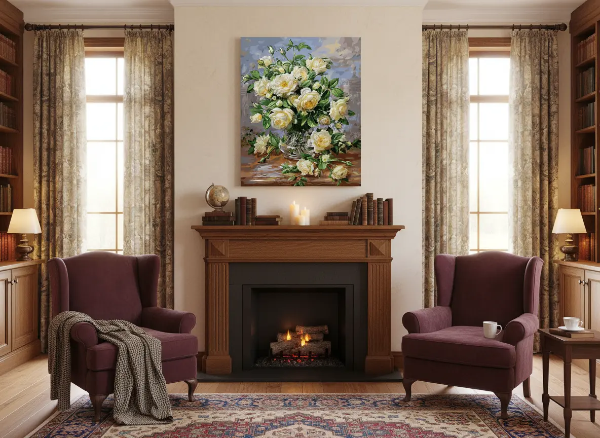 pictură pe numere – simfonia trandafirilor albi în vază – pânză pe Șasiu lemn 40x50 cm pictură pe numere – simfonia trandafirilor albi în vază – pânză pe Șasiu lemn 40x50 cm