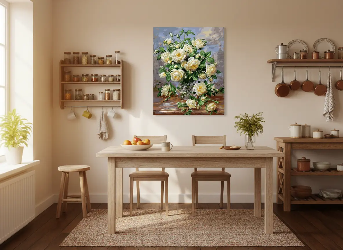 pictură pe numere – simfonia trandafirilor albi în vază – pânză pe Șasiu lemn 40x50 cm pictură pe numere – simfonia trandafirilor albi în vază – pânză pe Șasiu lemn 40x50 cm
