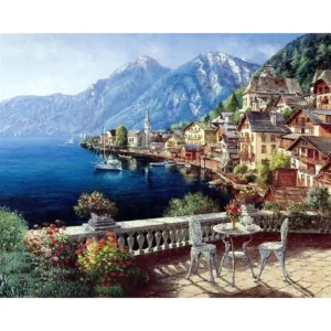 pictură pe numere – vedere spre hallstatt, idilă în alpi – pânză pe Șasiu lemn 40x50 cm