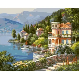 pictură pe numere – vila de pe coasta însorită – pânză pe Șasiu lemn 40x50 cm