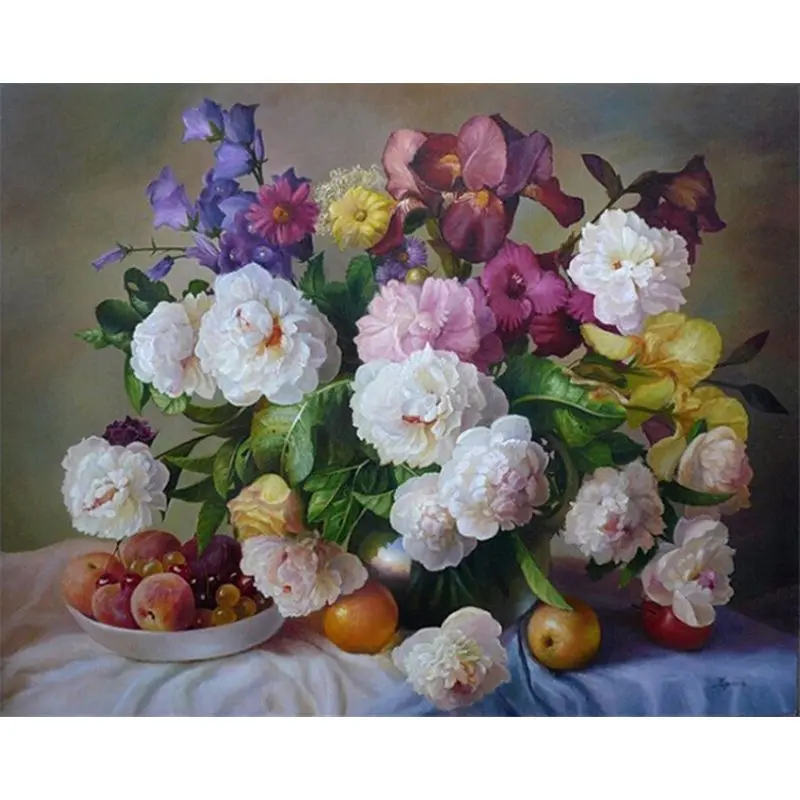 Pictura pe numere Vază Bujori, Iris și Fructe de Vară 2 Pictura pe numere Vază Bujori, Iris și Fructe de Vară 2
