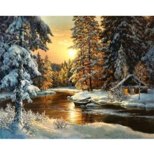 pictură pe numere – apus de aur în codrul Înzăpezit – pânză pe Șasiu lemn 40x50 cm