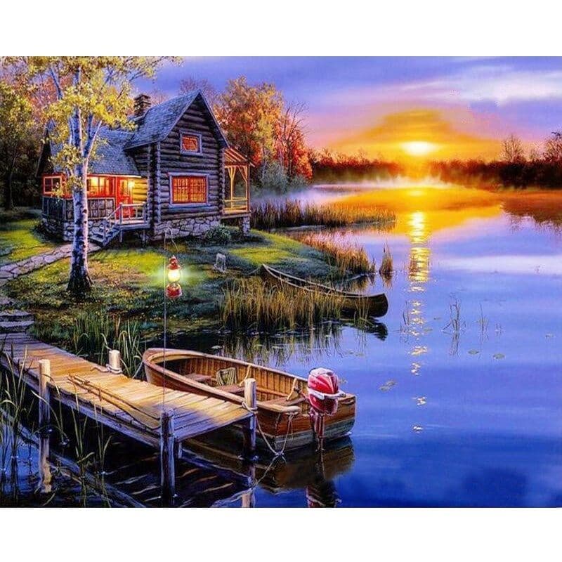 pictură pe numere – apus de soare la cabana de pe lac – pânză pe Șasiu lemn 40x50 cm pictură pe numere – apus de soare la cabana de pe lac – pânză pe Șasiu lemn 40x50 cm