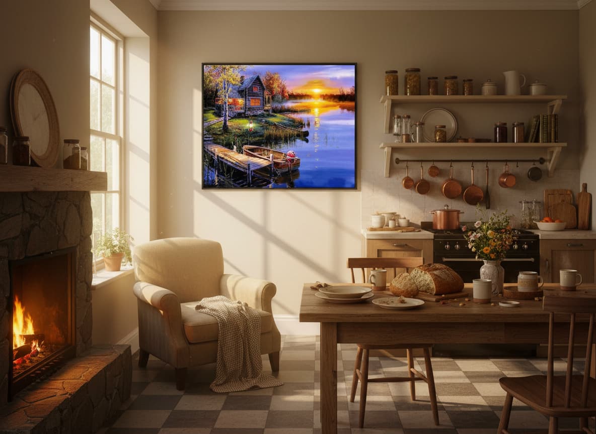 pictură pe numere – apus de soare la cabana de pe lac – pânză pe Șasiu lemn 40x50 cm pictură pe numere – apus de soare la cabana de pe lac – pânză pe Șasiu lemn 40x50 cm