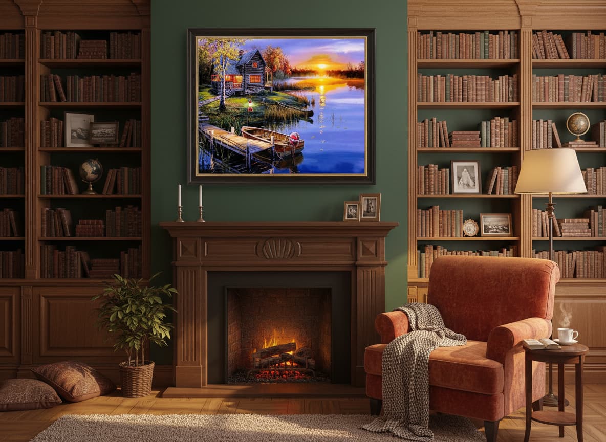 pictură pe numere – apus de soare la cabana de pe lac – pânză pe Șasiu lemn 40x50 cm pictură pe numere – apus de soare la cabana de pe lac – pânză pe Șasiu lemn 40x50 cm