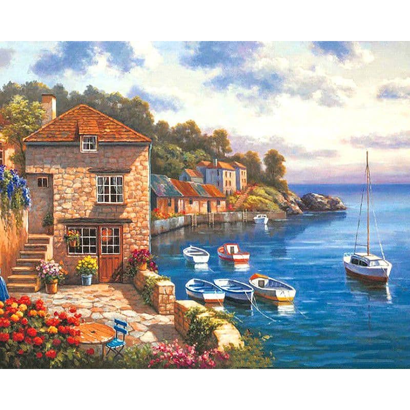 pictură pe numere – casa pescarului de la malul mării – pânză pe Șasiu lemn 40x50 cm pictură pe numere – casa pescarului de la malul mării – pânză pe Șasiu lemn 40x50 cm
