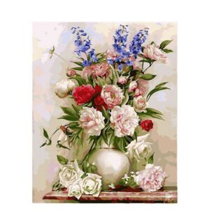 pictură pe numere – eleganța bujorilor și delphinium in vază – pânză pe Șasiu lemn 40x50 cm