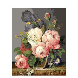 pictură pe numere – eleganța trandafirilor și a irisului – pânză pe Șasiu lemn 40x50 cm