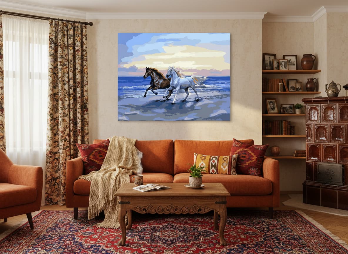 pictură pe numere – libertate pe Țărm: cai pe plaja – pânză pe Șasiu lemn 40x50 cm pictură pe numere – libertate pe Țărm: cai pe plaja – pânză pe Șasiu lemn 40x50 cm