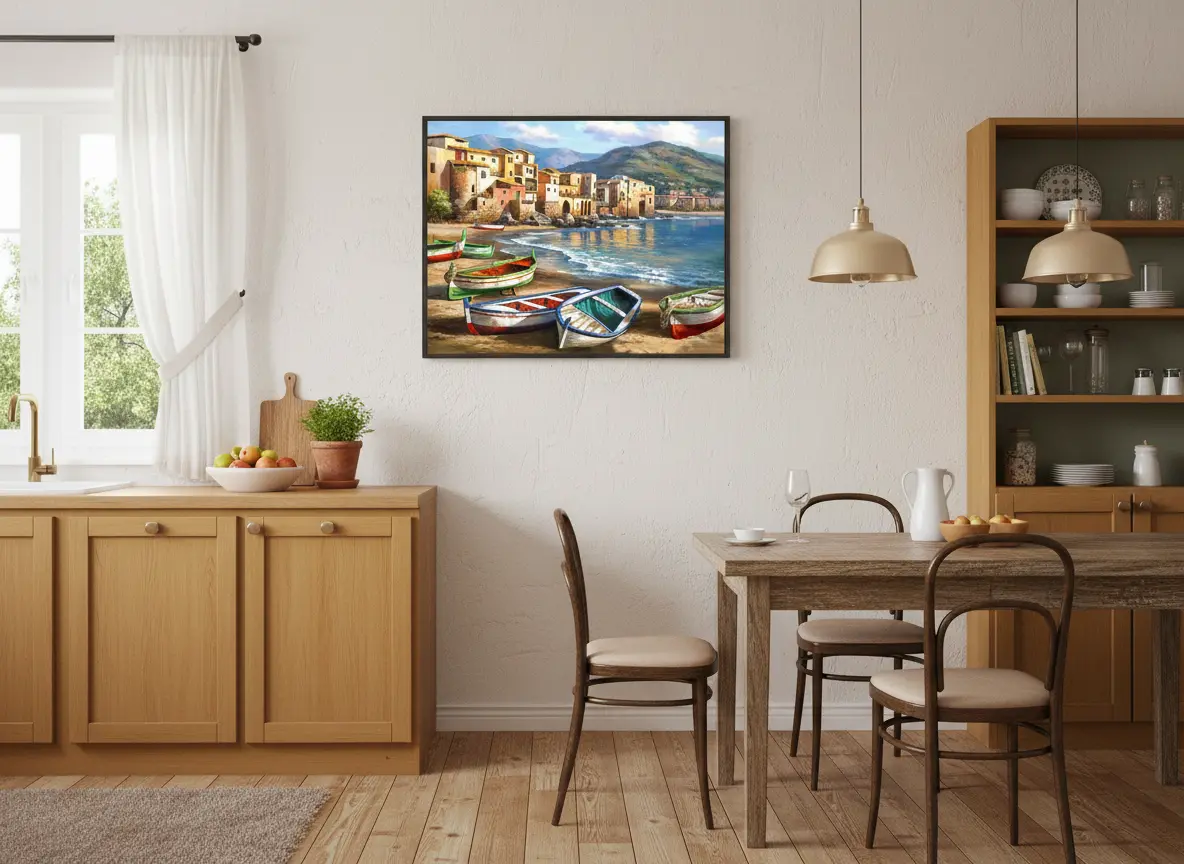 pictură pe numere – odiseea bărcilor la mal – pânză pe Șasiu lemn40x50 cm pictură pe numere – odiseea bărcilor la mal – pânză pe Șasiu lemn40x50 cm