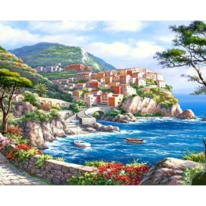 pictură pe numere – perla de pe coasta mediteraneană – pânză pe Șasiu lemn 40x50 cm