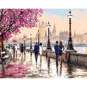 pictură pe numere – promenadă sub magnolii în londra – pânză pe Șasiu lemn 40x50 cm