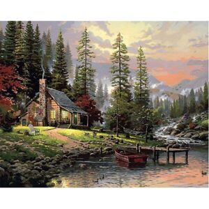 Pictură pe Numere – Refugiul dintre Brazi la Apus – Pânză pe Șasiu Lemn 40x50 cm 3