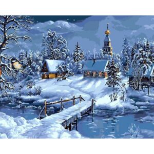 pictură pe numere – satul de poveste în straie de iarnă – pânză pe Șasiu lemn 40x50 cm