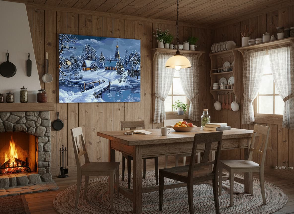 pictură pe numere – satul de poveste în straie de iarnă – pânză pe Șasiu lemn 40x50 cm pictură pe numere – satul de poveste în straie de iarnă – pânză pe Șasiu lemn 40x50 cm