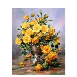 pictură pe numere – splendoarea trandafirilor galbeni în vază de argint – pânză pe Șasiu lemn 40x50 cm