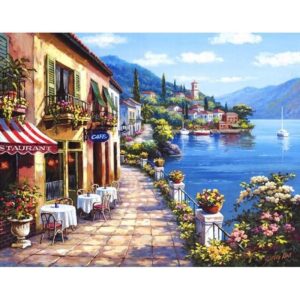 pictură pe numere – terasa cu cafenea la malul mării – pânză pe Șasiu lemn 40x50 cm