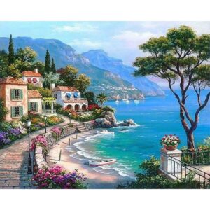 pictură pe numere – vila din coasta amalfi sub soarele mediteranean – pânză pe Șasiu lemn 40x50 cm