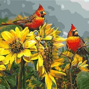 pictură pe numere – splendoarea floarea soarelui: pasărea cardinal în grădina de vară – pânză pe Șasiu lemn 40x50 cm