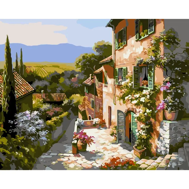 pictură pe numere – amiază în toscana: străduța cu iz de vacanță – pânză pe Șasiu lemn 40x50 cm pictură pe numere – amiază în toscana: străduța cu iz de vacanță – pânză pe Șasiu lemn 40x50 cm