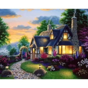 pictură pe numere – amurg de poveste căsuța engleză din grădina cu flori – pânză pe Șasiu lemn 40x50 cm