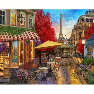 pictură pe numere – amurg la paris: cafeneaua de lângă turnul eiffel – pânză pe Șasiu lemn 40x50 cm
