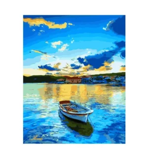 pictură pe numere – barca de la apus: oglindiri marine și tihnă – pânză pe Șasiu lemn 40x50 cm