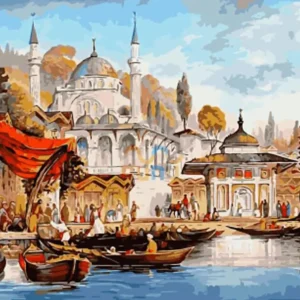 Acasa Pictura-pe-Numere-–-Bazarul-de-pe-Malul-Apei-Forfota-din-Orientul-Nostalgic-–-Panza-pe-Sasiu-Lemn-40x50-cm