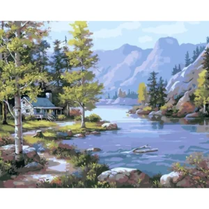 pictură pe numere – cabana de la poalele munților: refugiul liniștit – pânză pe Șasiu lemn 40x50 cm