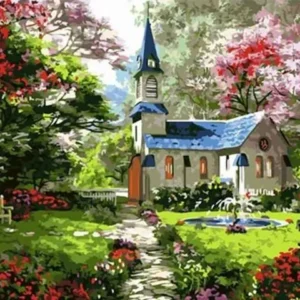 pictură pe numere – capela din grădina magică sanctuarul florilor de primăvară – pânză pe Șasiu lemn 40x50 cm