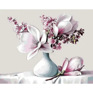 pictură pe numere – delicatețe de primăvară: magnolii în vază – pânză pe Șasiu lemn 40x50 cm