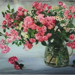 Pictura-pe-Numere-–-Delicatete-de-Vara-Buchet-de-Trandafiri-si-Margarete-in-Cana-de-Sticla-–-Panza-pe-Sasiu-Lemn-40x50-cm