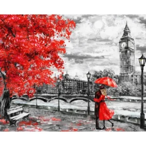 pictură pe numere – dragoste la londra toamnă sub umbrela roșie – pânză pe Șasiu lemn 40x50 cm