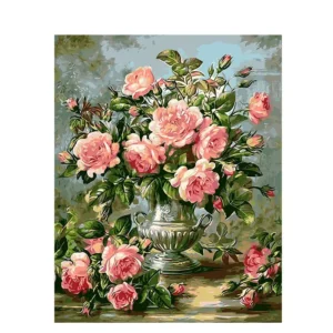 pictură pe numere – eleganță imperială: trandafiri roz în vază de argint – pânză pe Șasiu lemn 40x50 cm