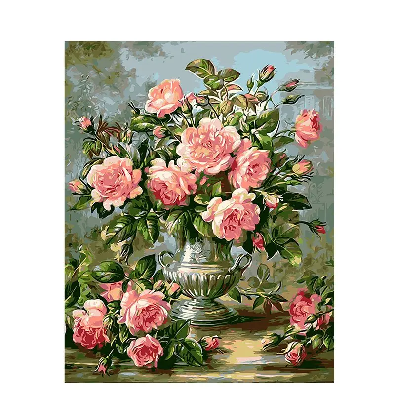 pictură pe numere – eleganță imperială: trandafiri roz în vază de argint – pânză pe Șasiu lemn 40x50 cm pictură pe numere – eleganță imperială: trandafiri roz în vază de argint – pânză pe Șasiu lemn 40x50 cm