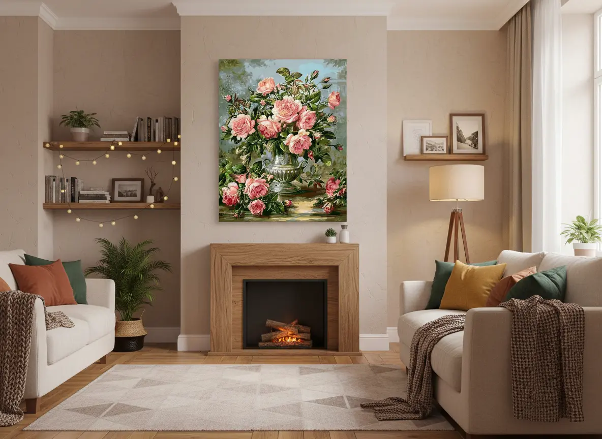 pictură pe numere – eleganță imperială: trandafiri roz în vază de argint – pânză pe Șasiu lemn 40x50 cm pictură pe numere – eleganță imperială: trandafiri roz în vază de argint – pânză pe Șasiu lemn 40x50 cm