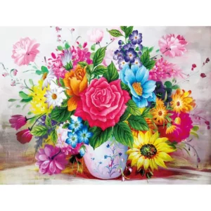 pictură pe numere – explozie de culori: buchetul de vară cu trandafir imperial – pânză pe Șasiu lemn 40x50 cm