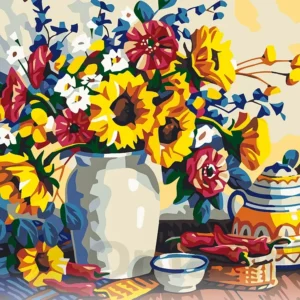 pictură pe numere – farmecul tradiției: buchetul de câmp și ceramică rustică – pânză pe Șasiu lemn 40x50 cm